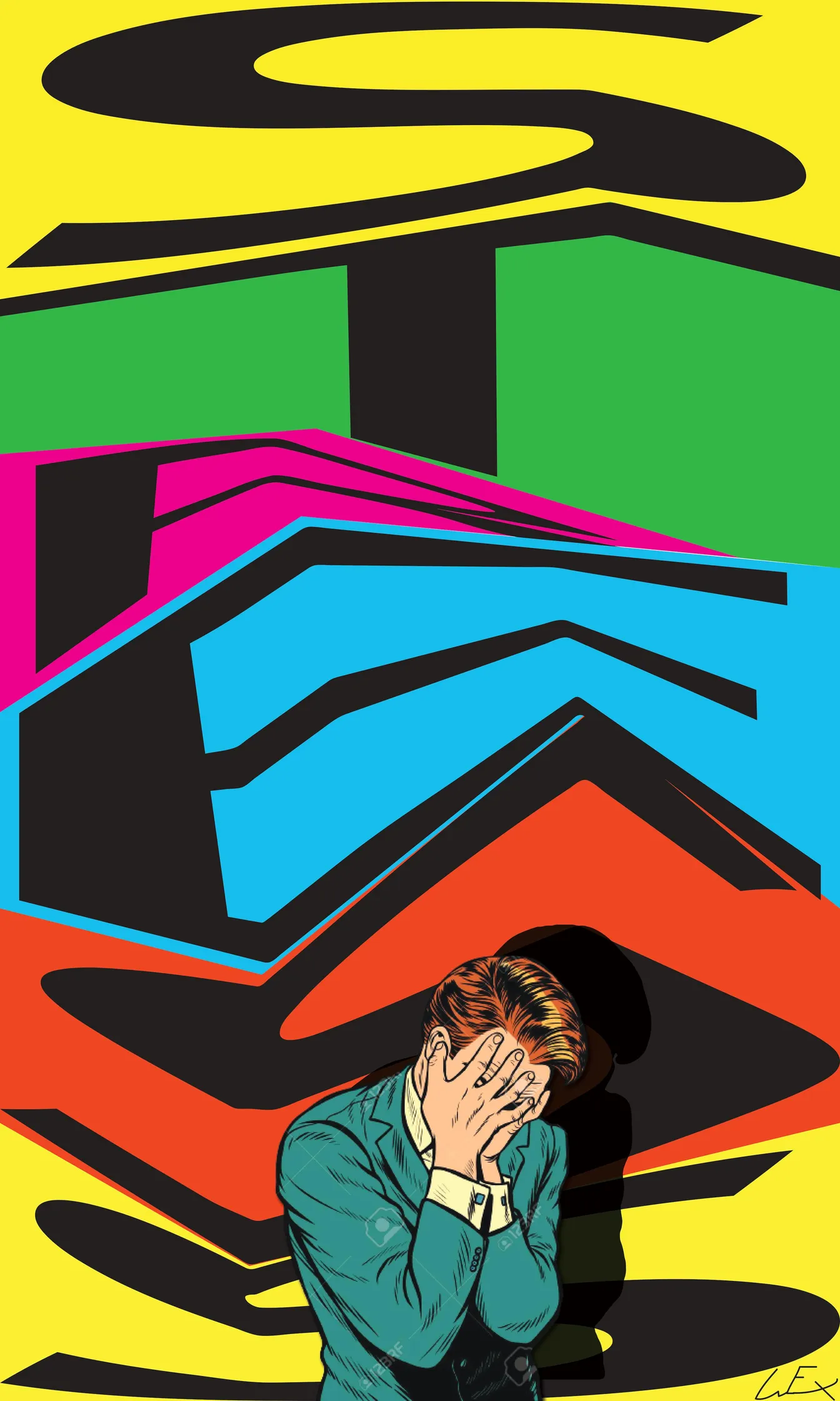 Digital illustration of a figure covering their face against bold overlapping type in flat colour.