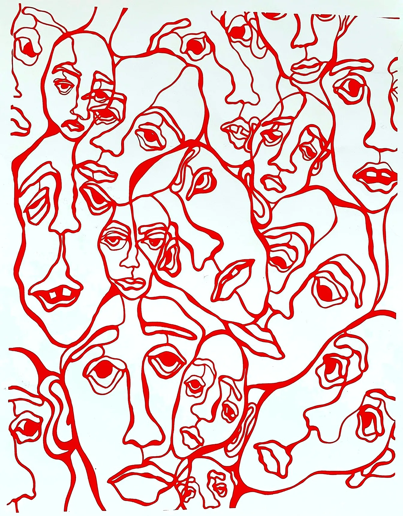 Red continuous-line drawing of many overlapping faces filling a white sheet.