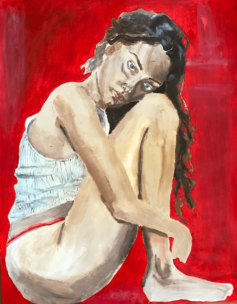 Seated female figure painting by student artist on red background – example of portfolio work for college applications.