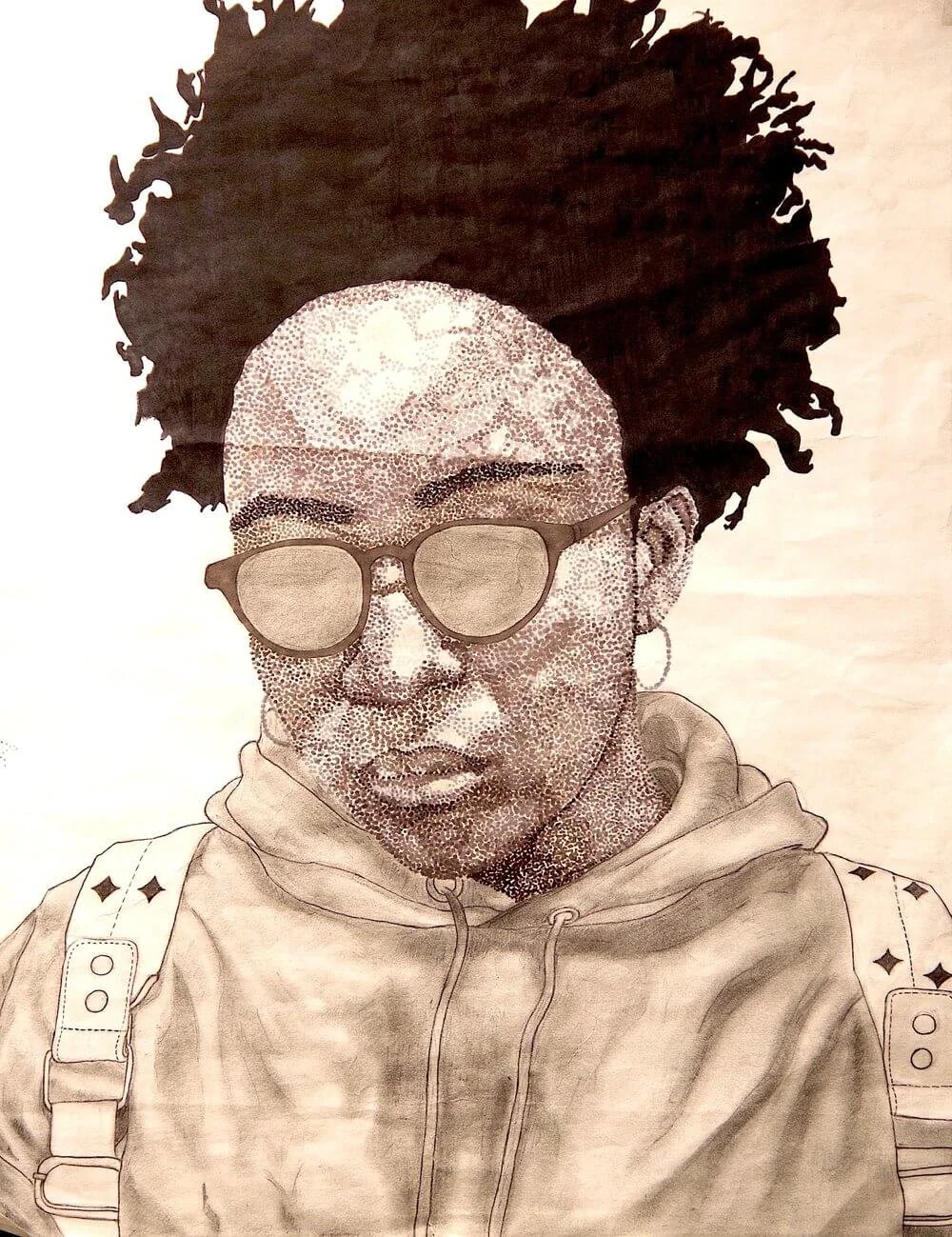 Pointillism portrait of a young person wearing glasses and a hoodie, created by a student artist for their portfolio.