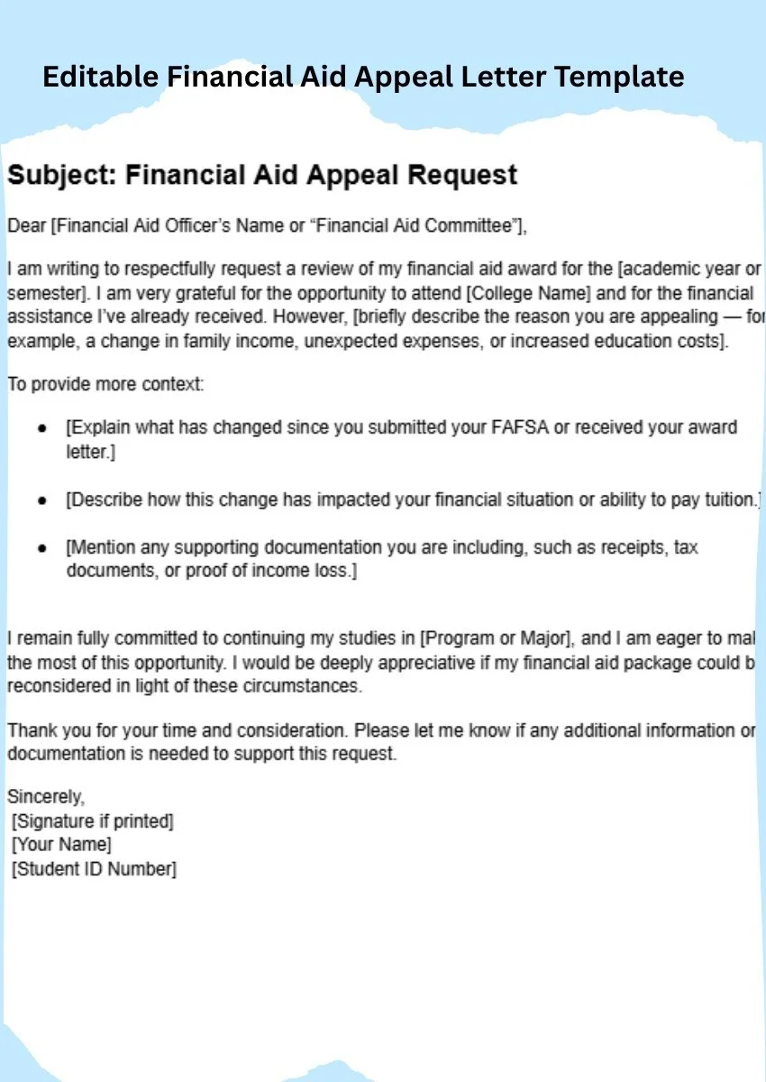 Financial aid appeal letter sample template showing a professional one-page student letter with editable fields.