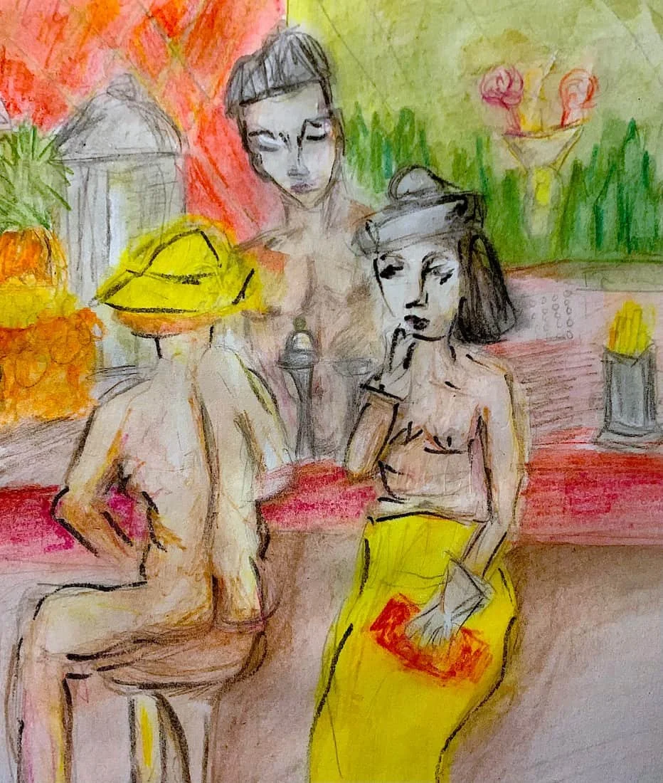 Mixed-media pastel artwork of two seated figures in a warm-toned outdoor scene, illustrating storytelling and color symbolism in art portfolios.