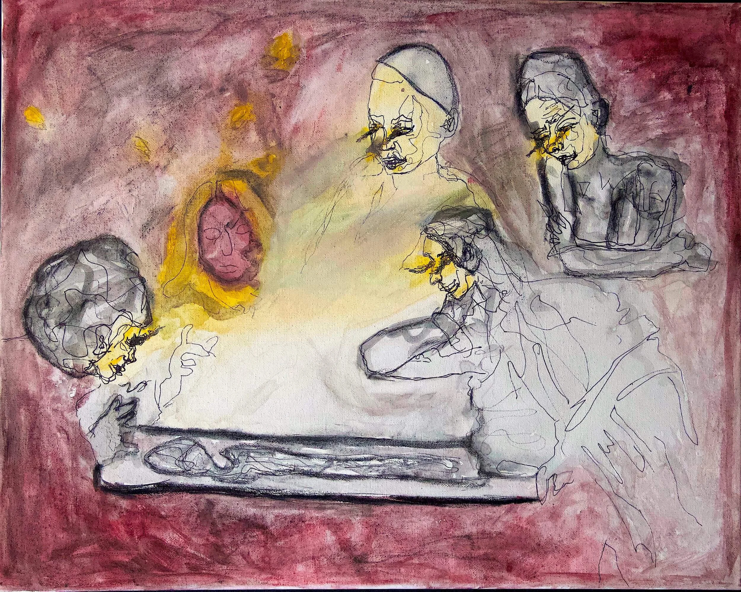 Abstract mixed-media painting of five ghostly figures surrounding a glowing central form, exploring themes of memory and grief.